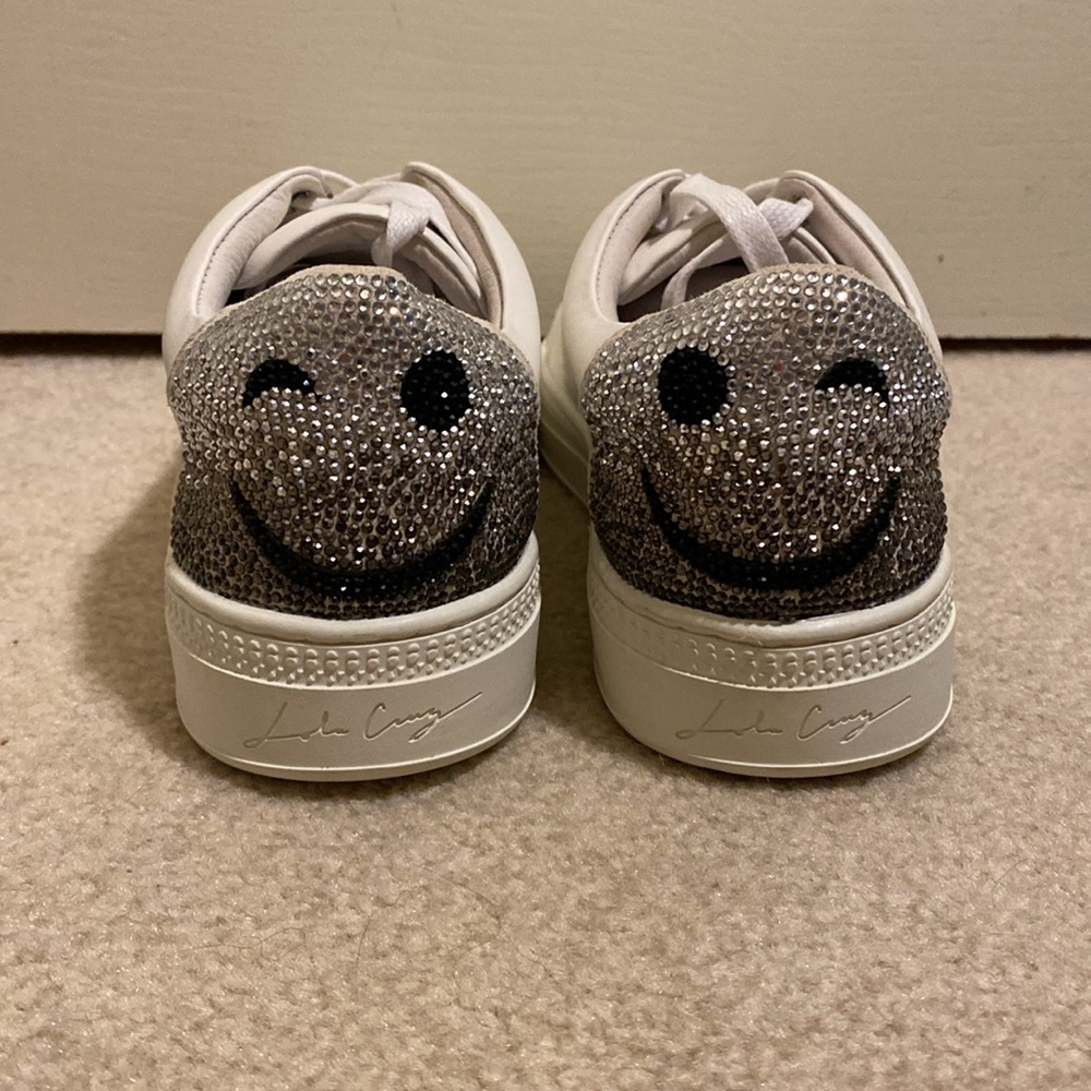 Lola Cruz White Leather Sneakers Silver Rhinestone Smile Wink Size 37 - Picture 6 of 14